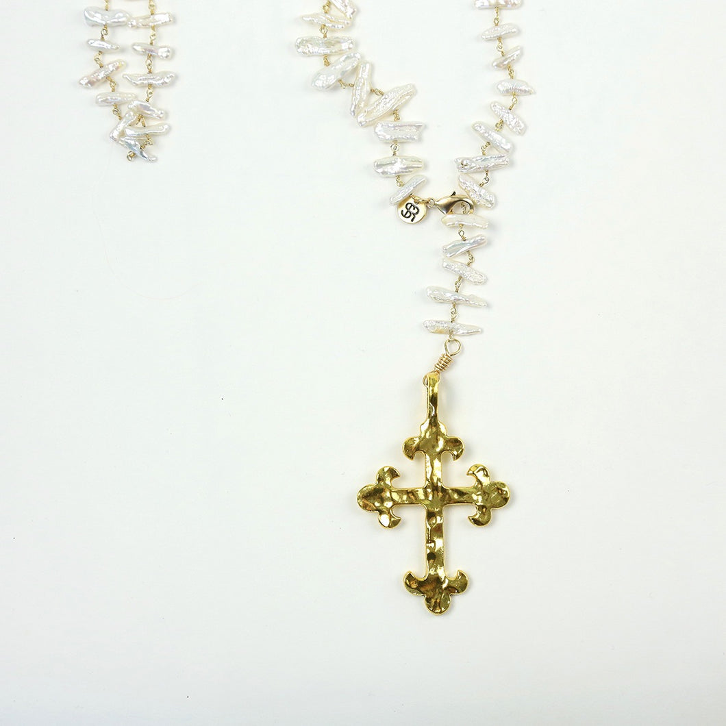 “Palmetto Mission” Golden Cross Pearl Necklace