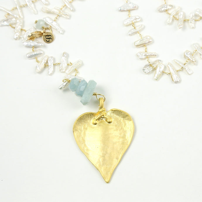 “Heart of Palm” Aquamarine Pearl Necklace